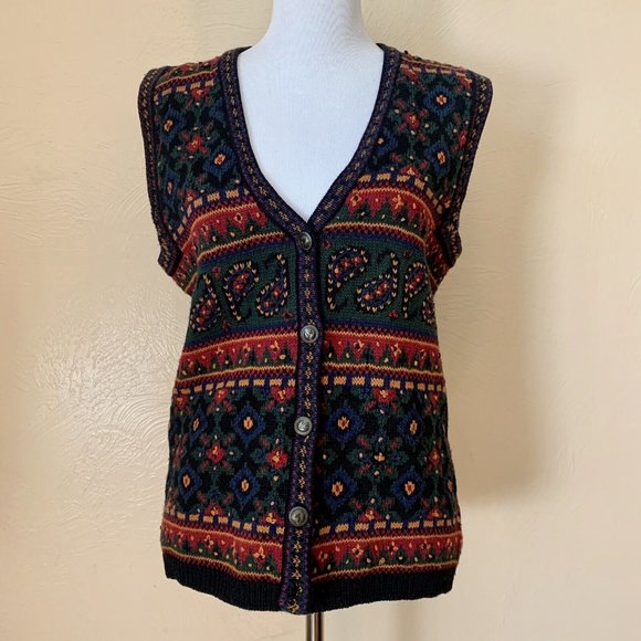 Cape Isle Knitters Cable Knit Sweater Vest Women Med Hand Knit Multicolor Button - Picture 1 of 7